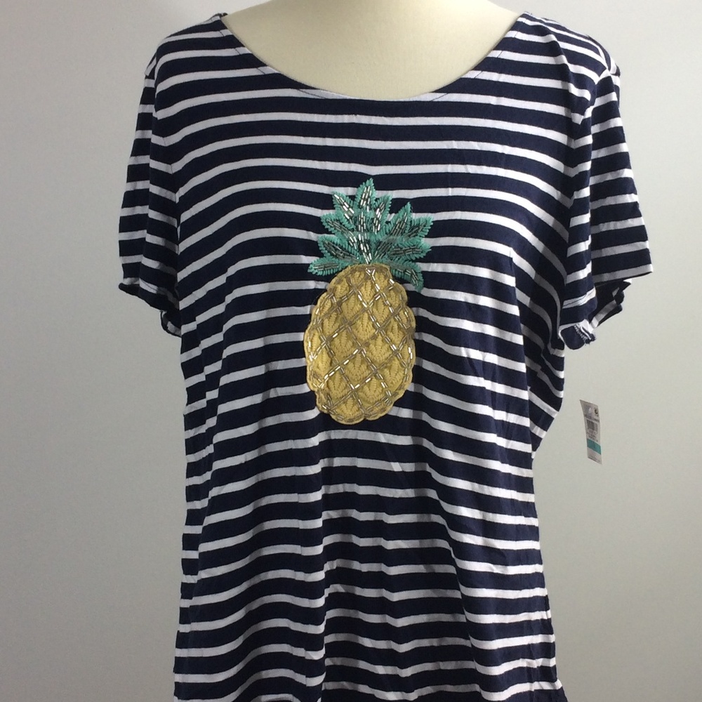 NEW Charter Club Striped Top Embroidered Pineapple